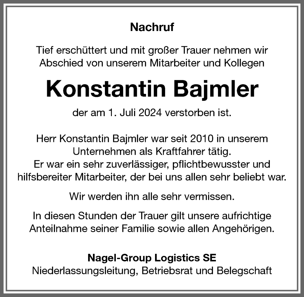  Traueranzeige für Konstantin Bajmler vom 06.07.2024 aus Memminger Zeitung
