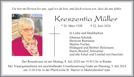 Traueranzeige von Kreszentia Müller von Allgäuer Zeitung, Marktoberdorf
