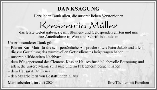 Traueranzeige von Kreszentia Müller von Allgäuer Zeitung, Marktoberdorf