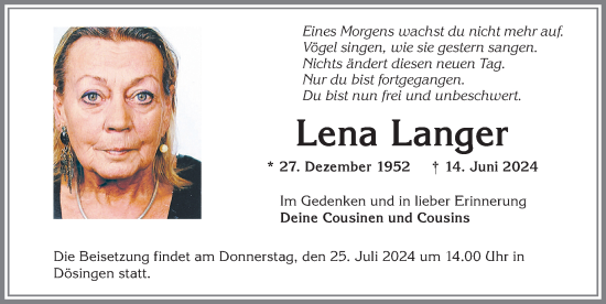 Traueranzeige von Lena Langer von Allgäuer Zeitung, Kaufbeuren/Buchloe