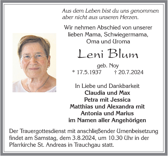 Traueranzeige von Leni Blum von Allgäuer Zeitung, Füssen