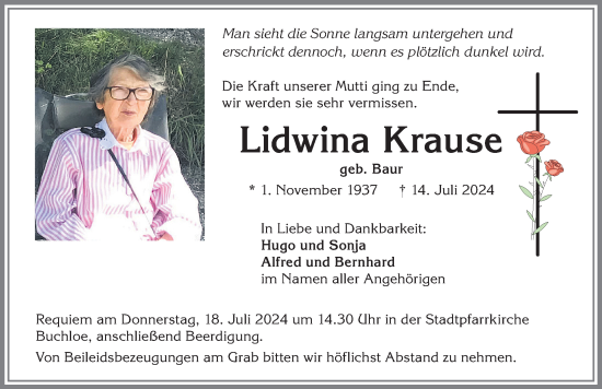Traueranzeige von Lidwina Krause von Allgäuer Zeitung, Kaufbeuren/Buchloe