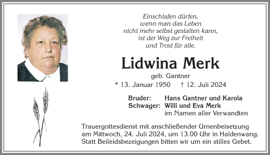 Traueranzeige von Lidwina Merk von Allgäuer Zeitung,Kempten