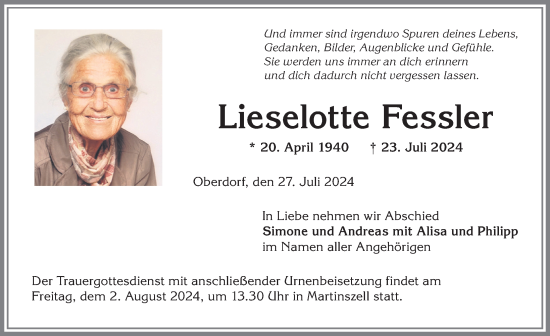 Traueranzeige von Lieselotte Fessler von Allgäuer Zeitung,Kempten