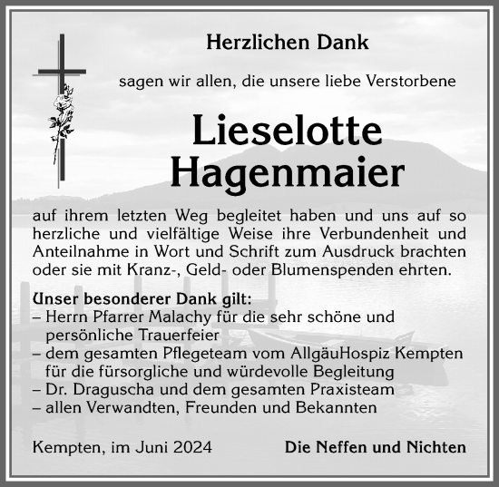 Traueranzeige von Lieselotte Hagenmaier von Allgäuer Zeitung,Kempten