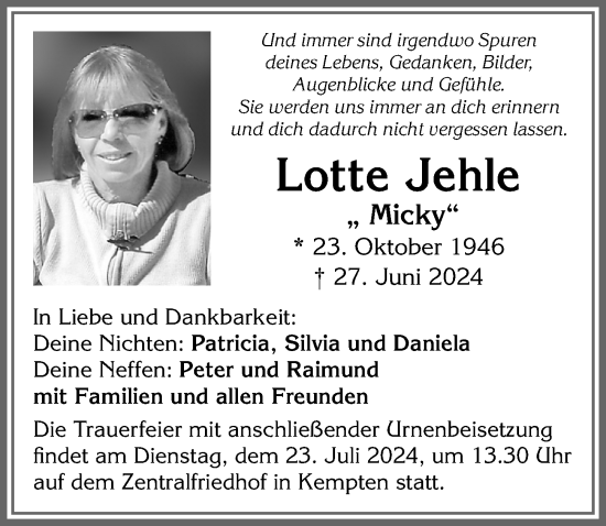 Traueranzeige von Lotte Jehle von Allgäuer Zeitung,Kempten