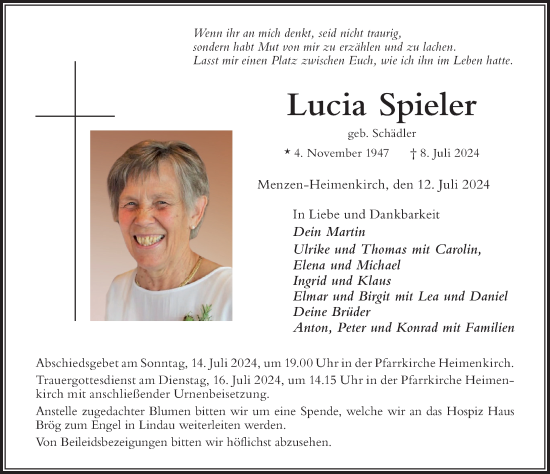 Traueranzeige von Lucia Spieler von Der Westallgäuer
