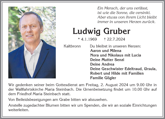 Traueranzeige von Ludwig Gruber von Memminger Zeitung
