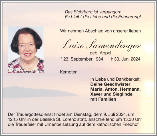 Traueranzeige von Luise Samendinger von Allgäuer Zeitung,Kempten