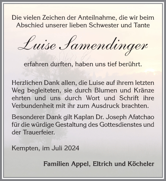 Traueranzeige von Luise Samendinger von Allgäuer Zeitung,Kempten