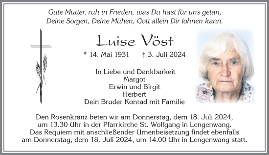 Traueranzeige von Luise Vöst von Allgäuer Zeitung, Marktoberdorf