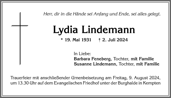 Traueranzeige von Lydia Lindemann von Allgäuer Zeitung,Kempten