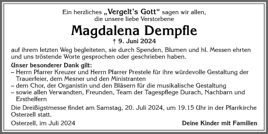 Traueranzeige von Magdalena Dempfle von Allgäuer Zeitung, Kaufbeuren/Buchloe