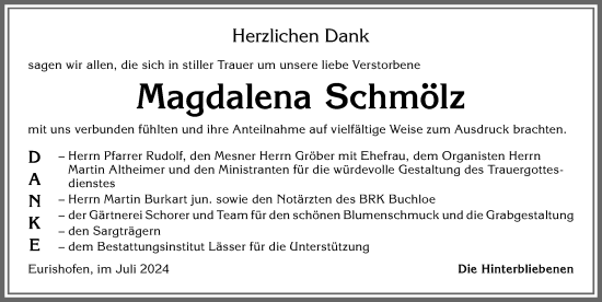 Traueranzeige von Magdalena Schmölz von Allgäuer Zeitung, Kaufbeuren/Buchloe
