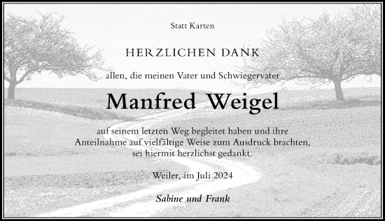 Traueranzeige von Manfred Weigel von Der Westallgäuer