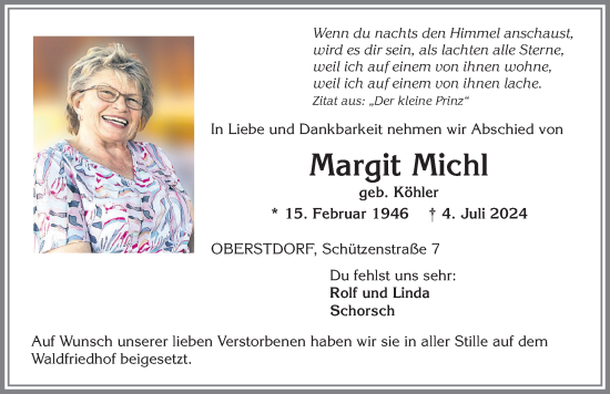 Traueranzeige von Margit Michl von Allgäuer Anzeigeblatt