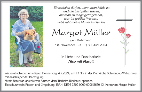 Traueranzeige von Margot Müller von Allgäuer Zeitung, Füssen