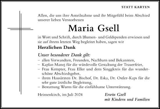 Traueranzeige von Maria Gsell von Der Westallgäuer