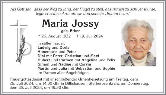 Traueranzeige von Maria Jossy von Allgäuer Zeitung, Kaufbeuren/Buchloe