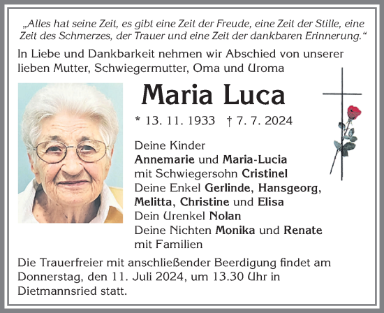 Traueranzeige von Maria Luca von Allgäuer Zeitung,Kempten