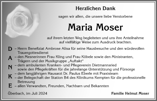 Traueranzeige von Maria Moser von Allgäuer Zeitung,Kempten