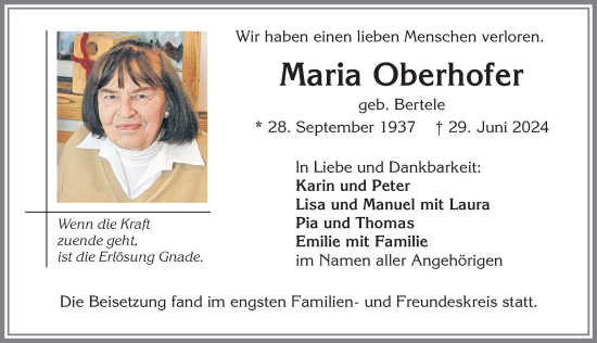 Traueranzeige von Maria Oberhofer von Allgäuer Zeitung,Kempten