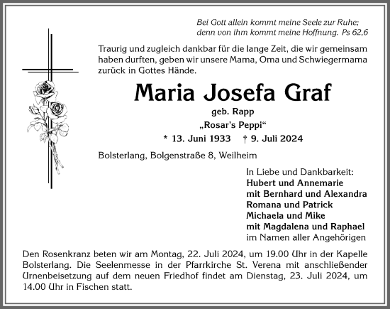 Traueranzeige von Maria Josefa Graf von Allgäuer Anzeigeblatt