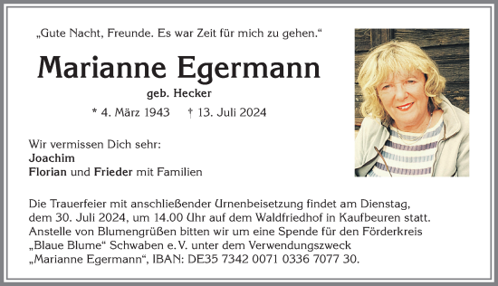 Traueranzeige von Marianne Egermann von Allgäuer Zeitung, Kaufbeuren/Buchloe