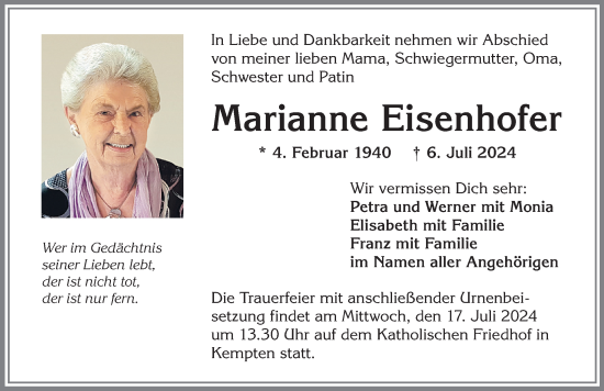 Traueranzeige von Marianne Eisenhofer von Allgäuer Zeitung,Kempten