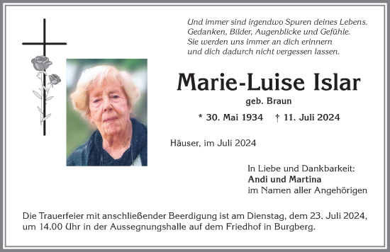 Traueranzeige von Marie-Luise Islar von Allgäuer Anzeigeblatt