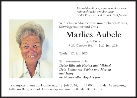 Traueranzeige von Marlies Aubele von Der Westallgäuer