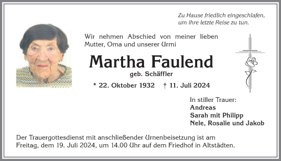 Traueranzeige von Martha Faulend von Allgäuer Anzeigeblatt