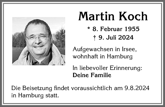 Traueranzeige von Martin Koch von Allgäuer Zeitung, Kaufbeuren/Buchloe