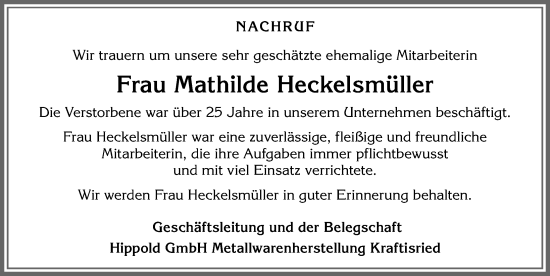 Traueranzeige von Mathilde Heckelsmüller von Allgäuer Zeitung, Marktoberdorf