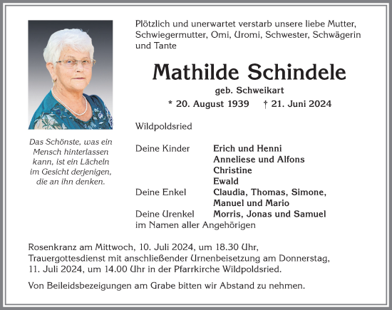 Traueranzeige von Mathilde Schindele von Allgäuer Zeitung,Kempten