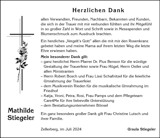 Traueranzeige von Mathilde Stiegeler von Allgäuer Zeitung, Kaufbeuren/Buchloe