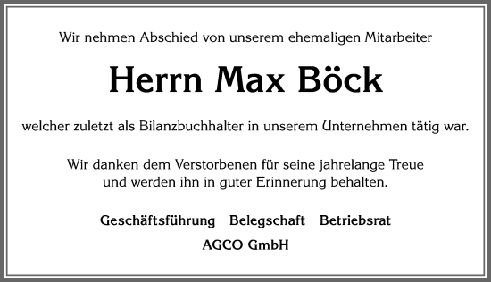Traueranzeige von Max Böck von Allgäuer Zeitung, Marktoberdorf