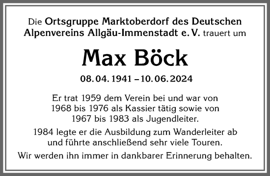 Traueranzeige von Max Böck von Allgäuer Zeitung, Marktoberdorf
