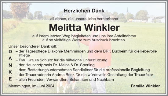 Traueranzeige von Melitta Winkler von Memminger Zeitung