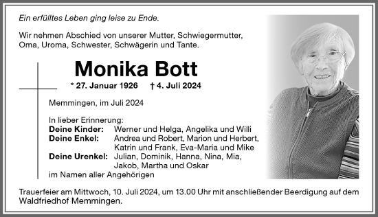 Traueranzeige von Monika Bott von Memminger Zeitung