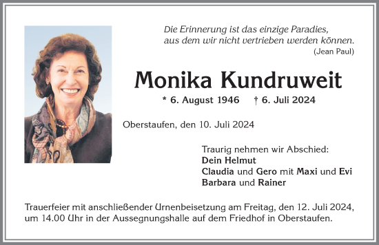 Traueranzeige von Monika Kundruweit von Allgäuer Anzeigeblatt