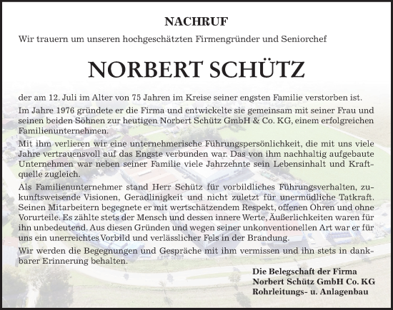 Traueranzeige von Norbert Schütz von Memminger Zeitung