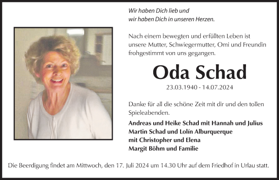 Traueranzeige von Oda Schad von Allgäuer Zeitung,Kempten