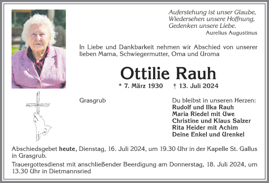 Traueranzeige von Ottilie Rauh von Allgäuer Zeitung,Kempten