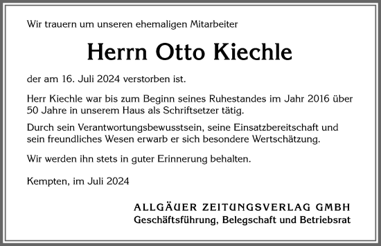 Traueranzeige von Otto Kiechle von Allgäuer Zeitung,Kempten