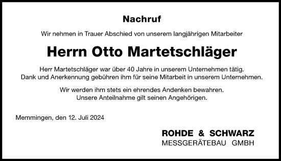 Traueranzeige von Otto Martetschläger von Memminger Zeitung