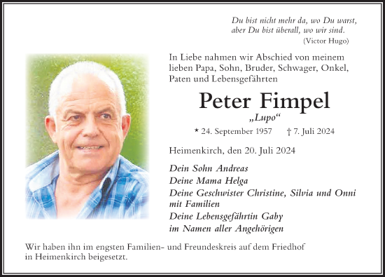 Traueranzeige von Peter Fimpel von Der Westallgäuer