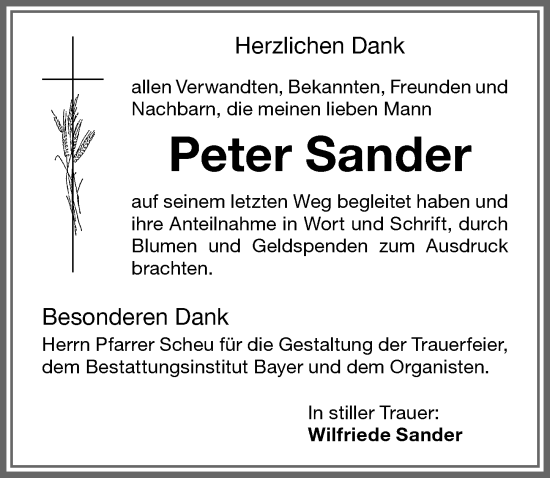Traueranzeige von Peter Sander von Memminger Zeitung