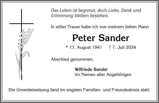 Traueranzeige von Peter Sander von Memminger Zeitung