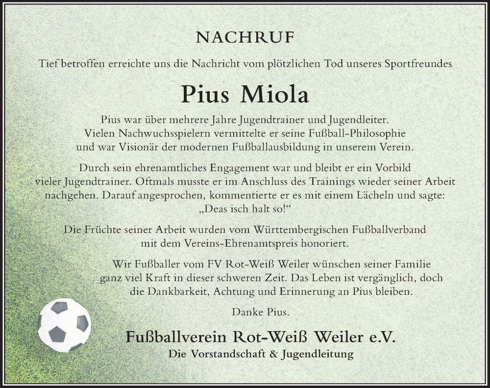  Traueranzeige für Pius Miola vom 02.07.2024 aus Der Westallgäuer